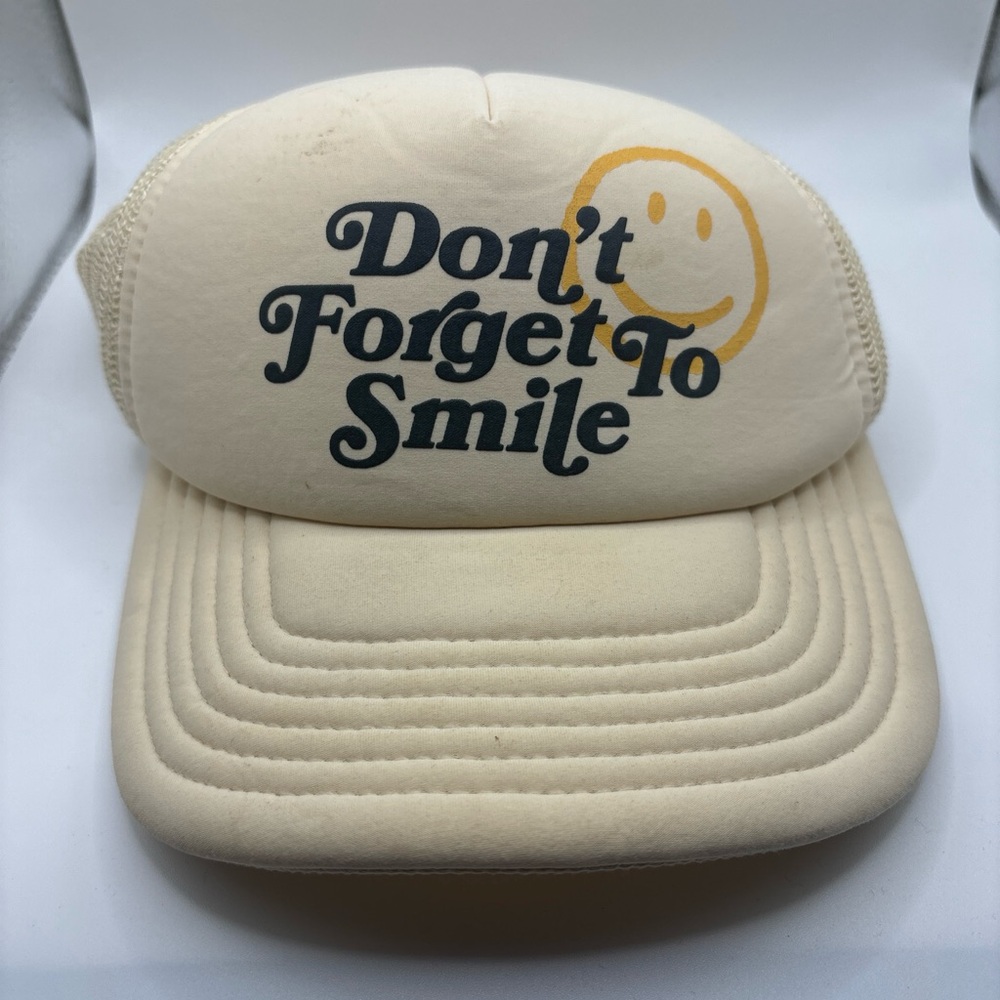 Cream Trucker Hat with Smile Graphic